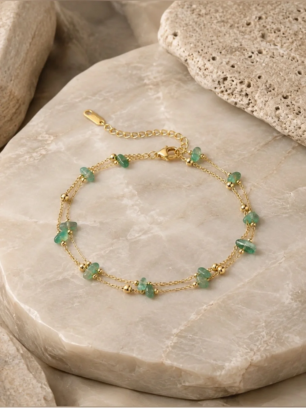 18K Gold Natural Jade Double-Chain Anklet